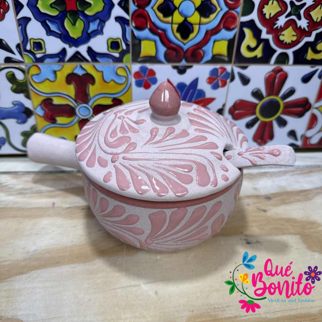 Bowl Handcrafted Pink or White with Handdle, Lid and Spoon Led Free