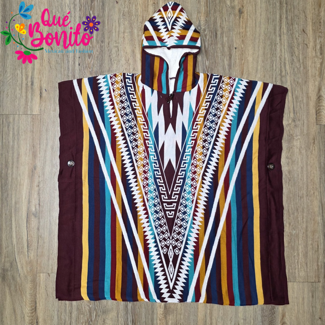 Poncho Tribal Decoration Fleeced Inside with Hoodie Unisex One-size