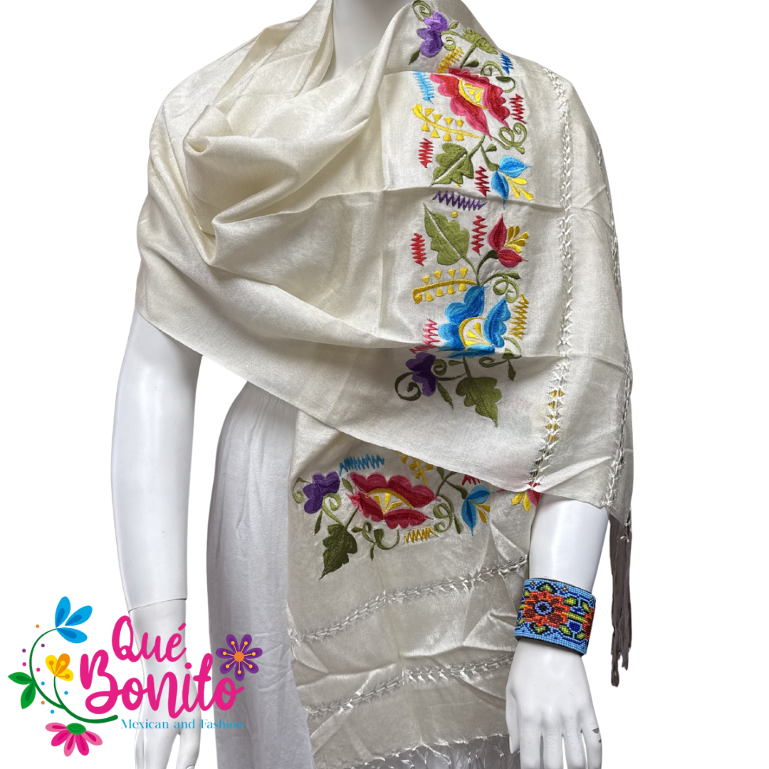 Traditional Silky Shawl Embroidered with Fringes on Both Sides.