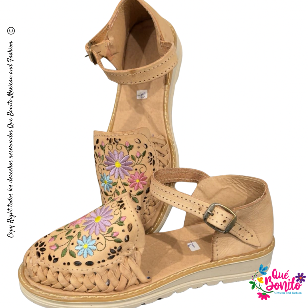 Leather Huarache Embroidered  Floral with Buckle