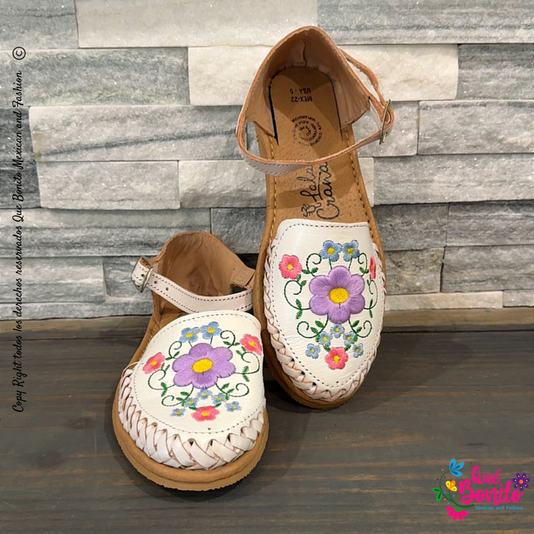 Floral White Embroidered Leather Huarache with Buckle
