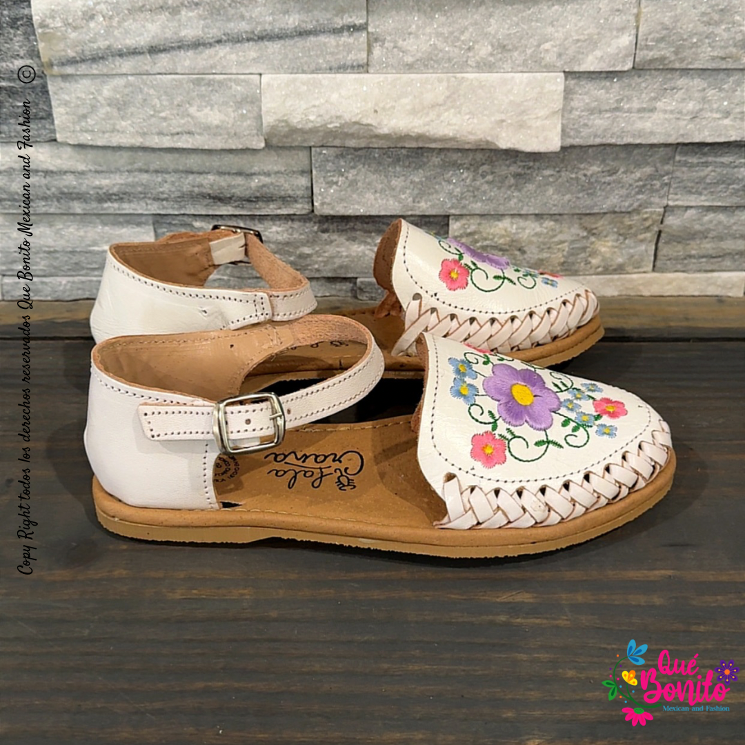 Floral White Embroidered Leather Huarache with Buckle