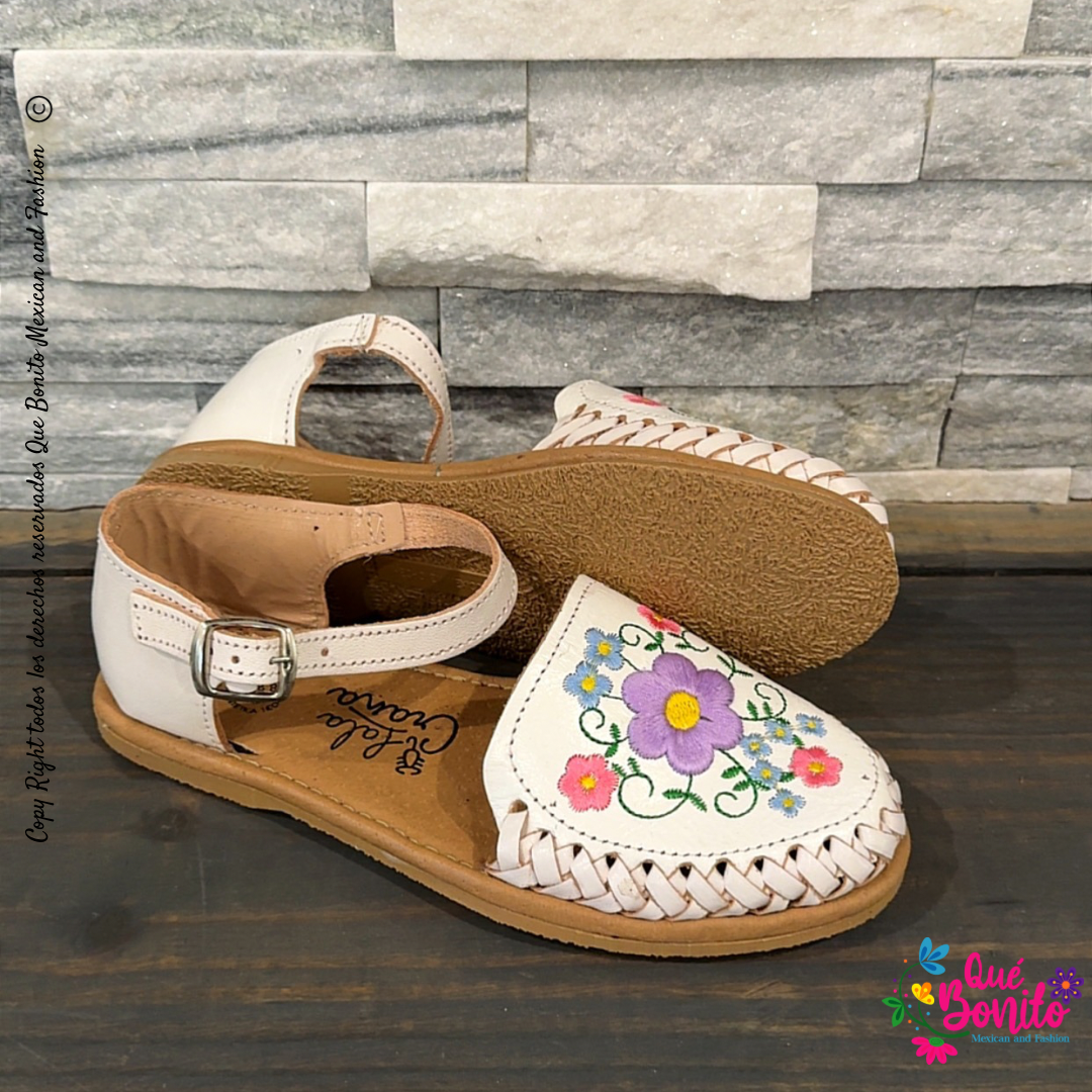 Floral White Embroidered Leather Huarache with Buckle