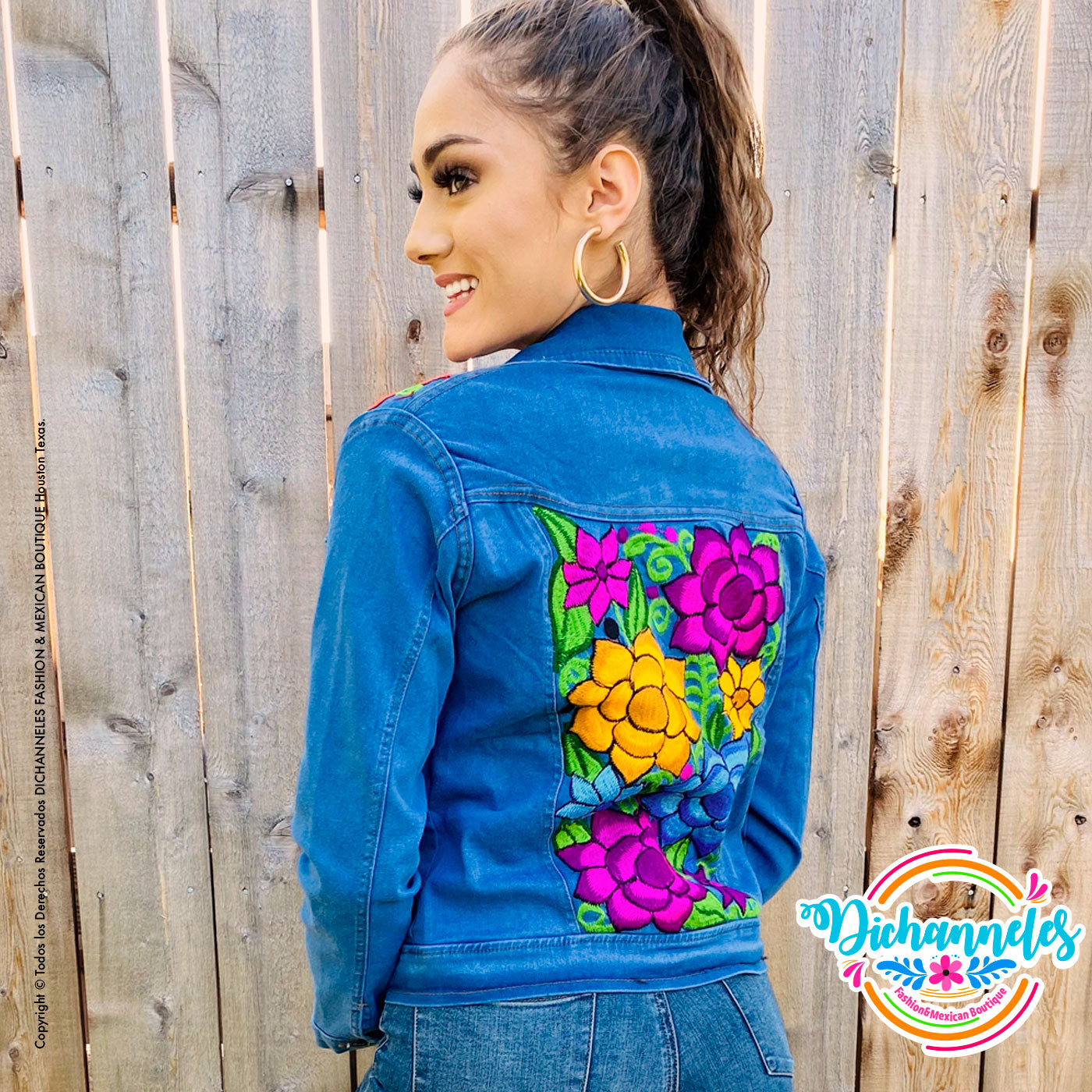 Denim Embroidered Jacket Colorful Flowers Que Bonito Mexican and Fashion